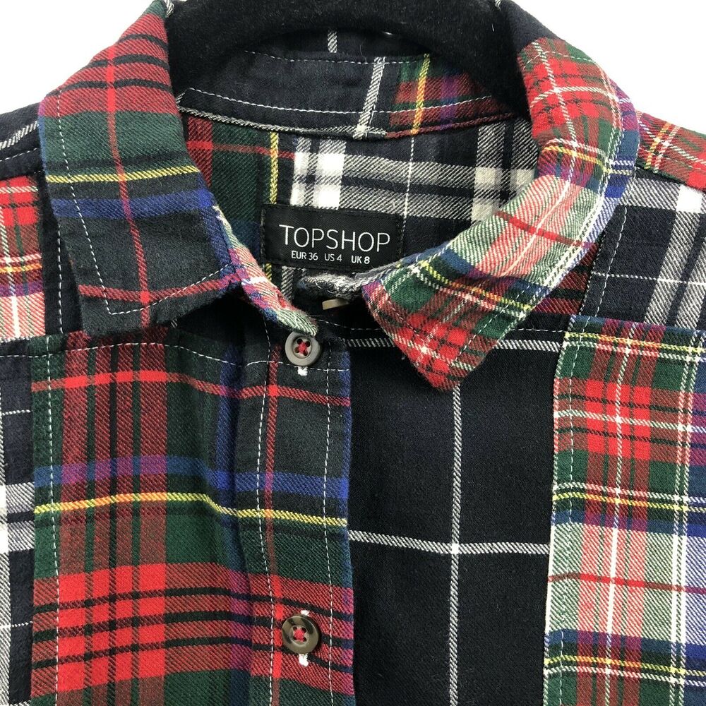 Topshop Shirt Women 4 Black Red Plaid 100% Cotton Button Up Shirt Long Sleeve - Picture 2 of 12